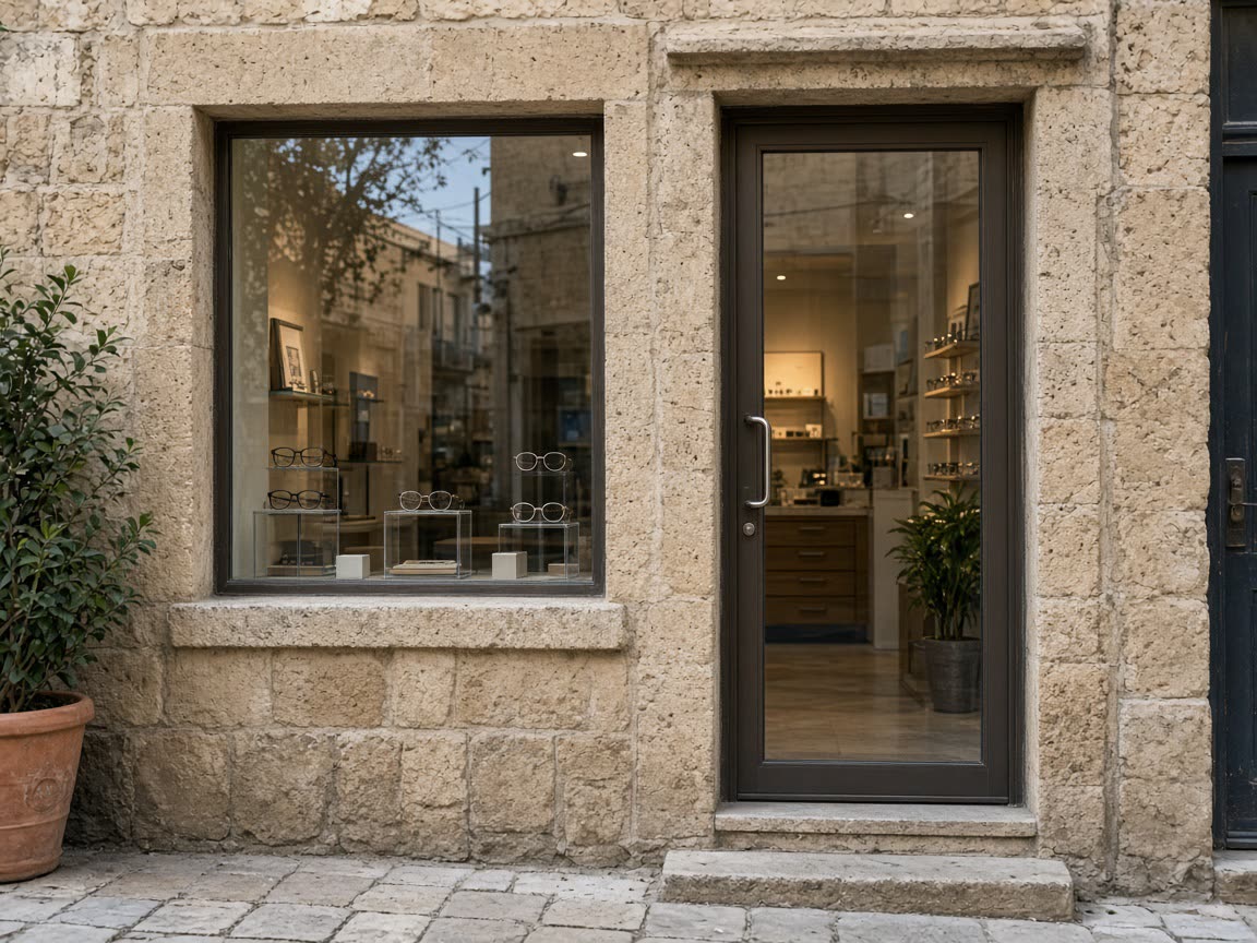 Street door of Yafo Optix Ltd at 11 Yefet Street, Old Jaffa
