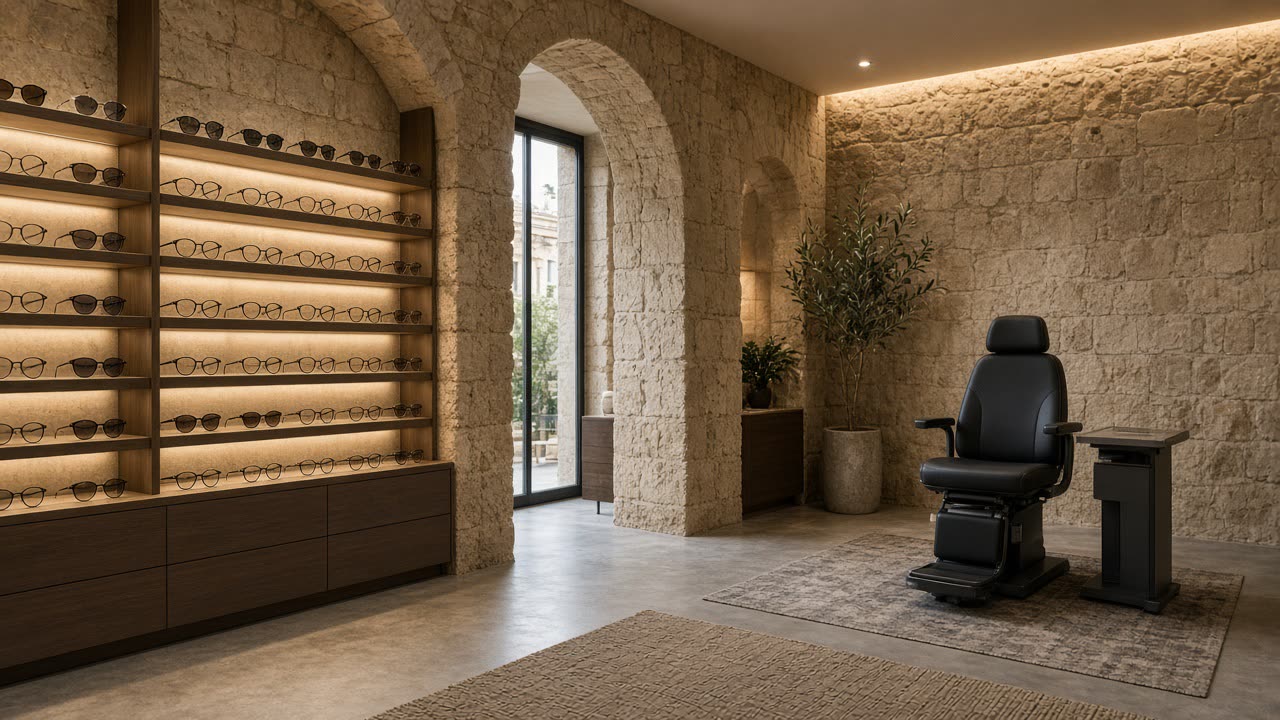 Frame wall and exam lane at Yafo Optix Ltd, 11 Yefet Street, Jaffa